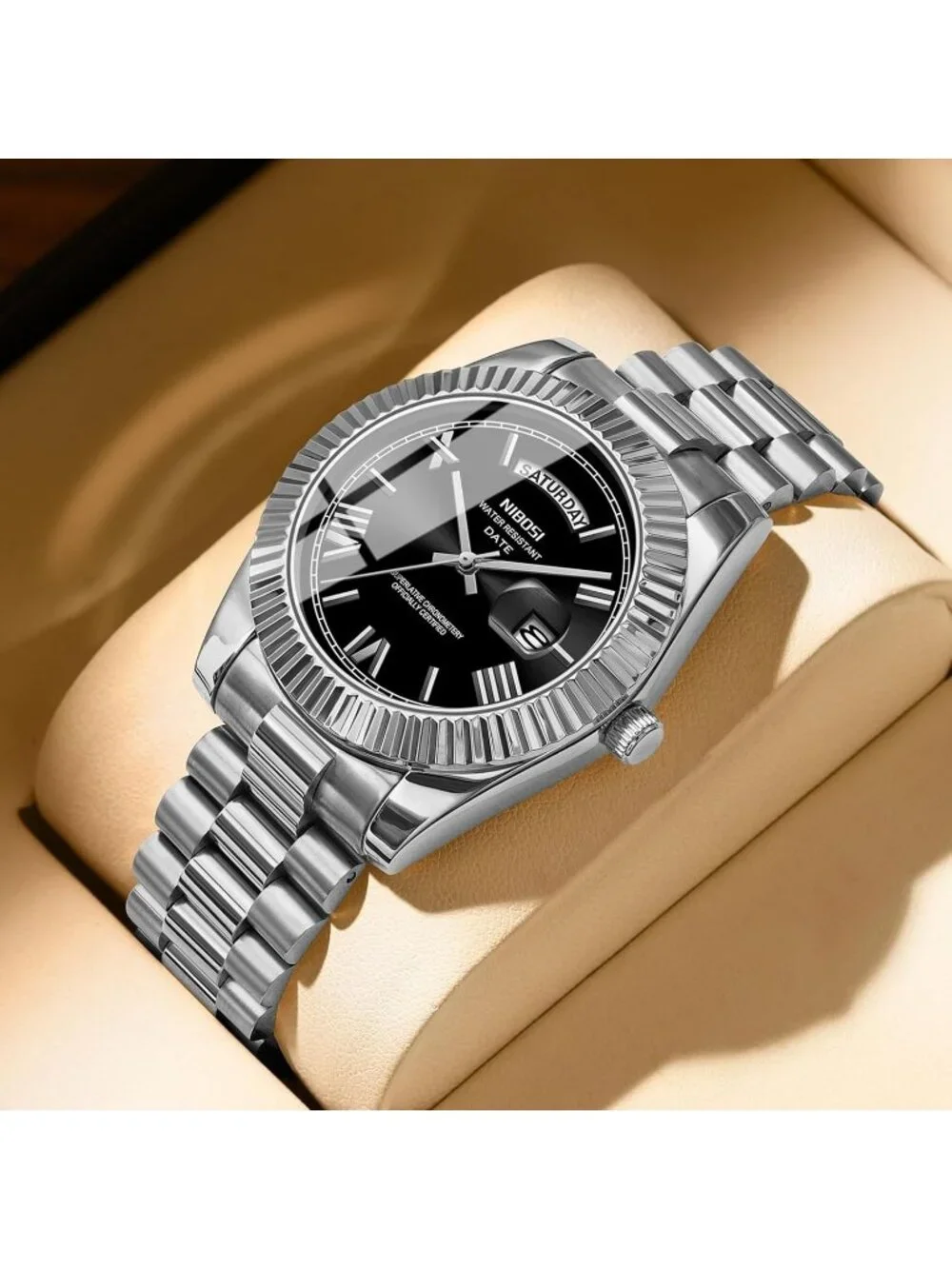 Nibosi Men's Silver Black Analog Quartz Stainless Waterproof Desiger Wrist Watch